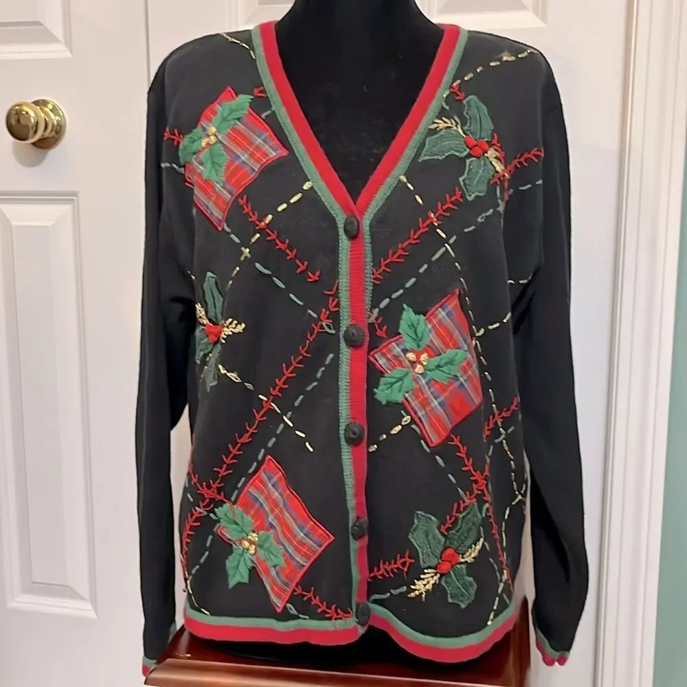 Basic Editions Vintage Hand Stitched Embroidered Cardigan Holiday Sweater L